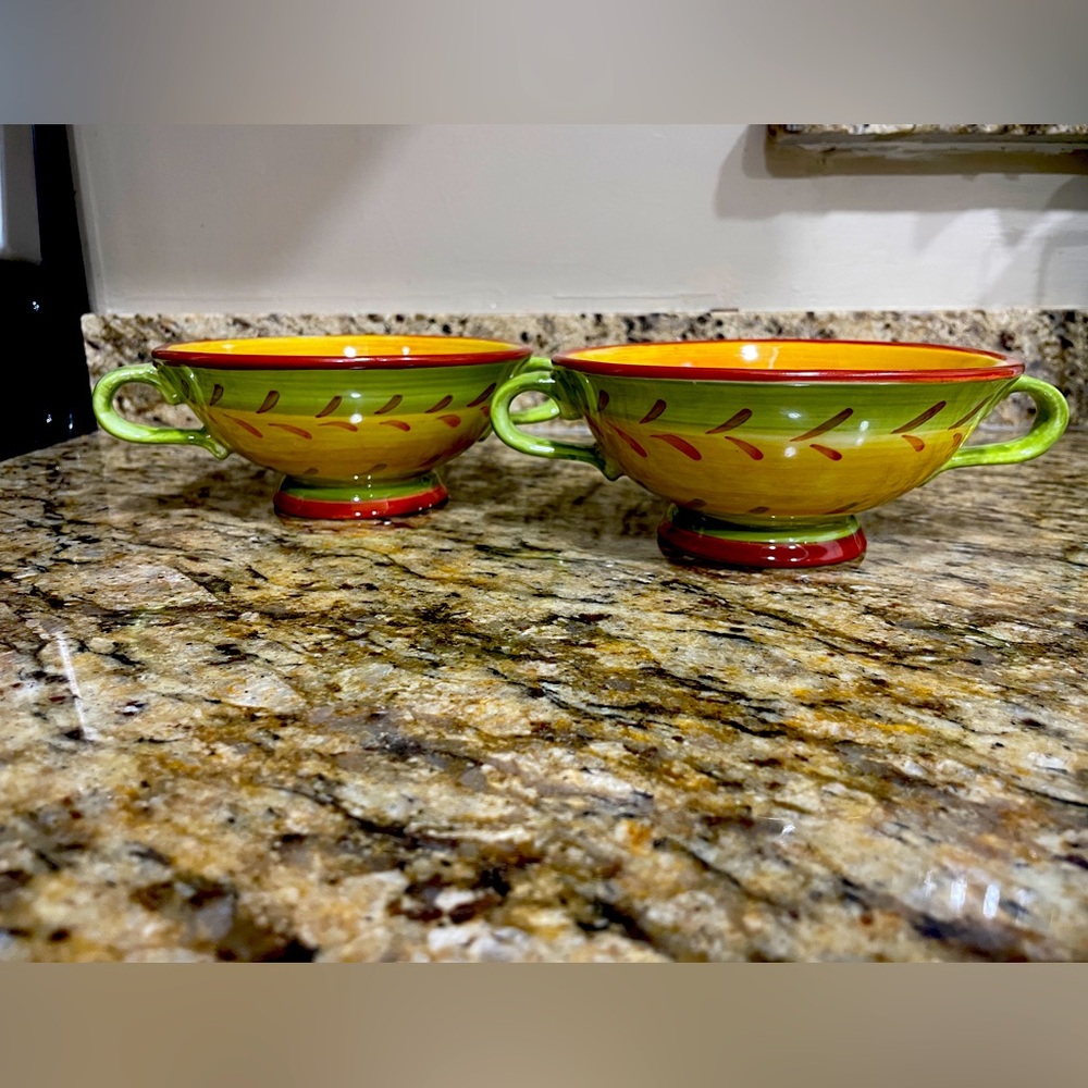 Green and Terracotta Ceramic Handled Soup Bowls Set of 2 - 12 oz.